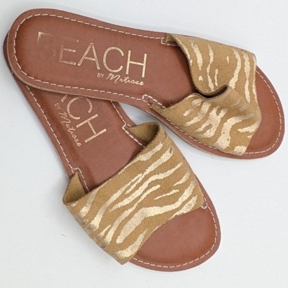 Beach by Matisse Size 8 $70 Gold Zebra Cabana Flat Slide Leather Sandals